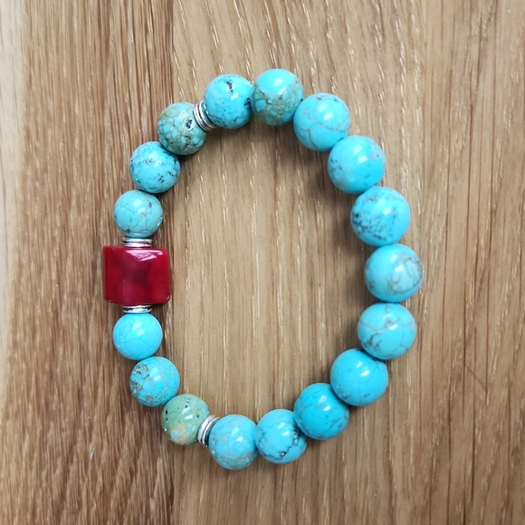 Hand Crafted Jewelry - Turquoise & Red Bambo Coral Gemstone Beads Bracelet